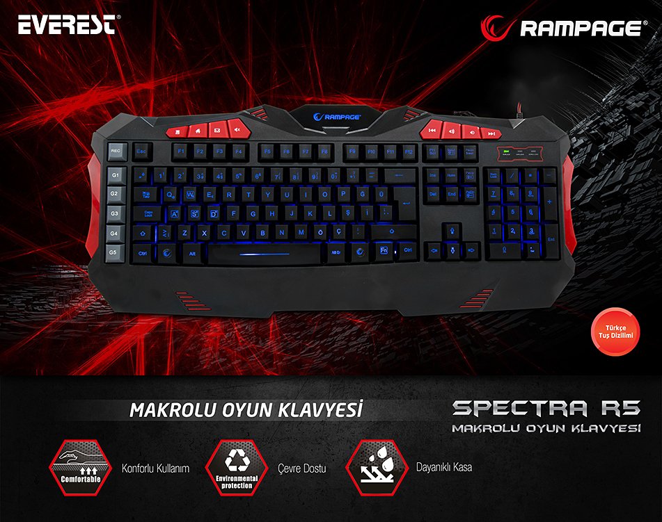Rampage SPECTRA R5 Siyah USB 7 Renk Aydınlatmalı Q Multimedia Makrolu Oyuncu Klavye