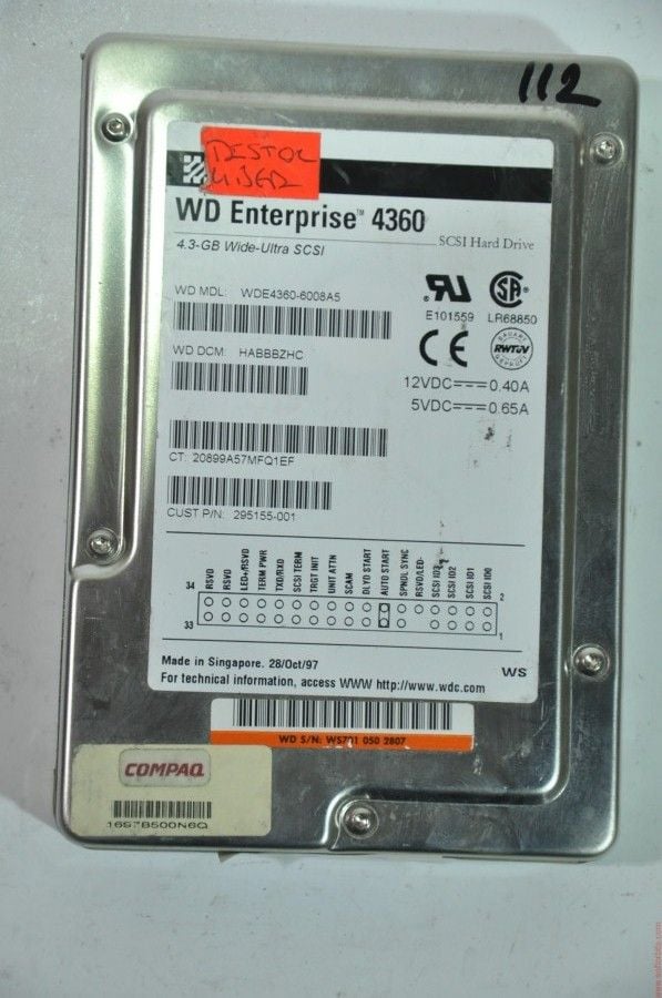 WESTERN DIGITAL 80 PIN 4GB WDE4360-6008A5 HABBBZHC 3.5'' SCSI HDD